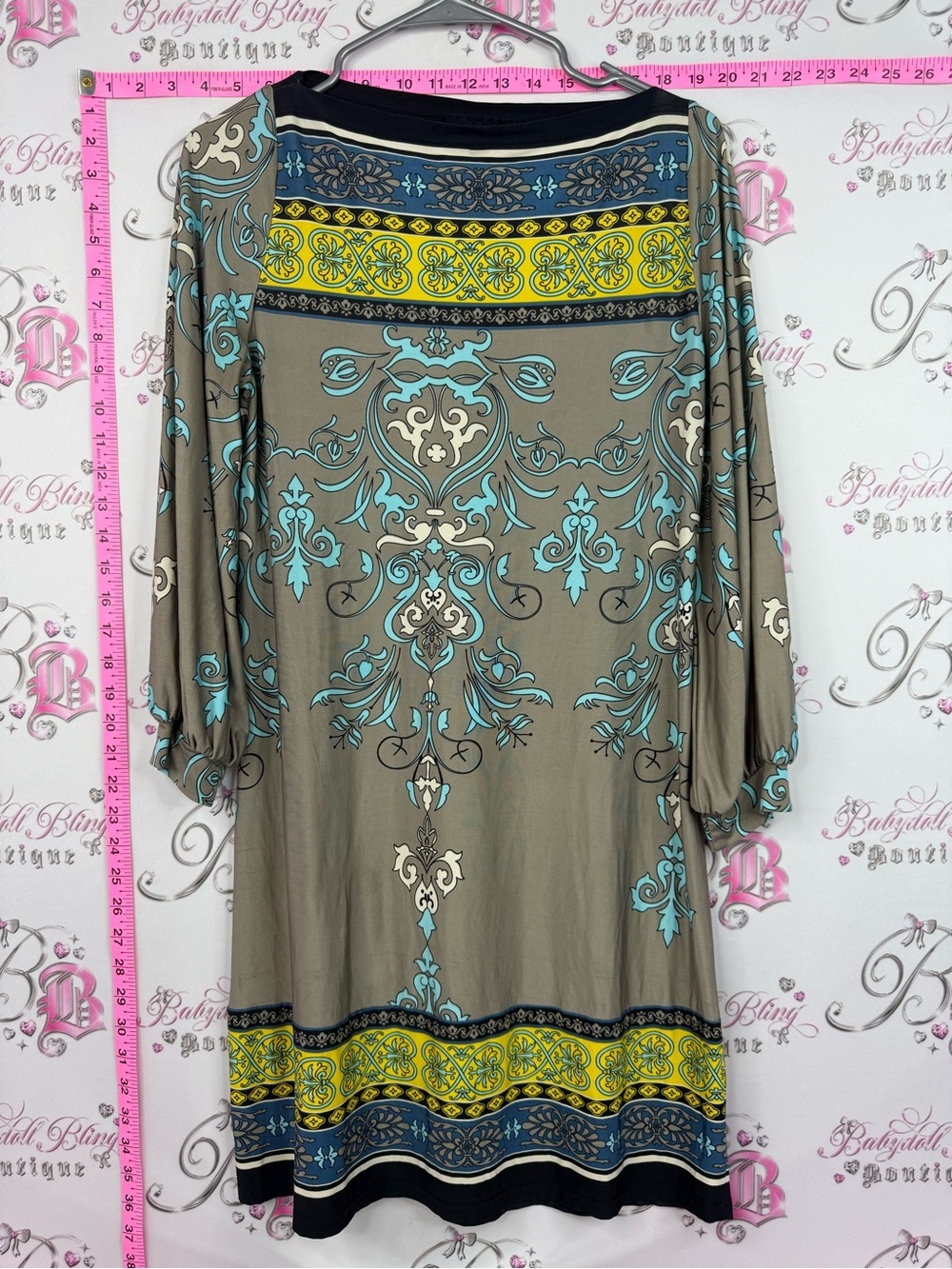Analili dress Taupe Mini Dress with Teal and Yellow Print